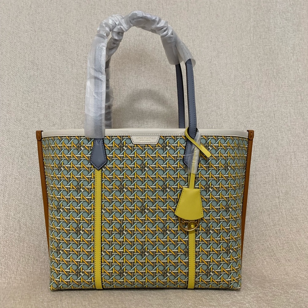 Tory Burch Perry Triple Compartment Northern Blue Basket Weave Large Tote Bag - Picture 7 of 15
